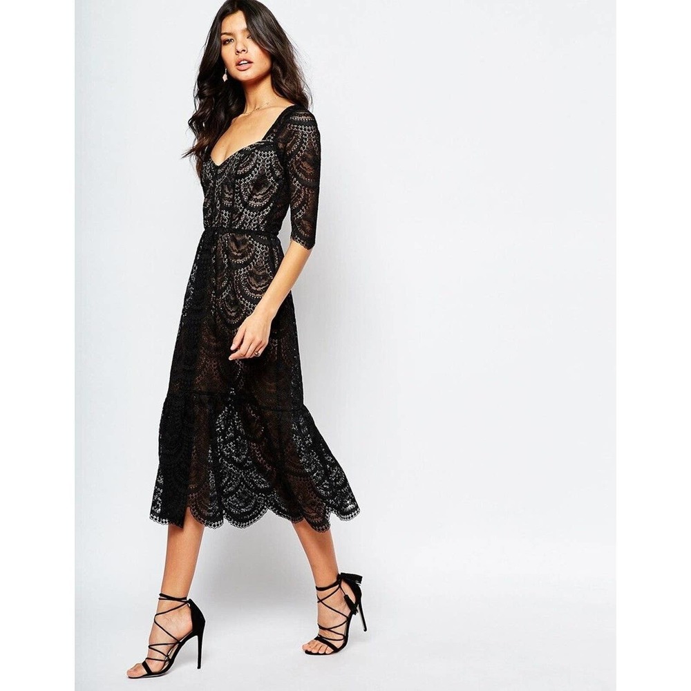For Love & Lemons Black Lace Rosalita Midi Dress Sweetheart Neckline
